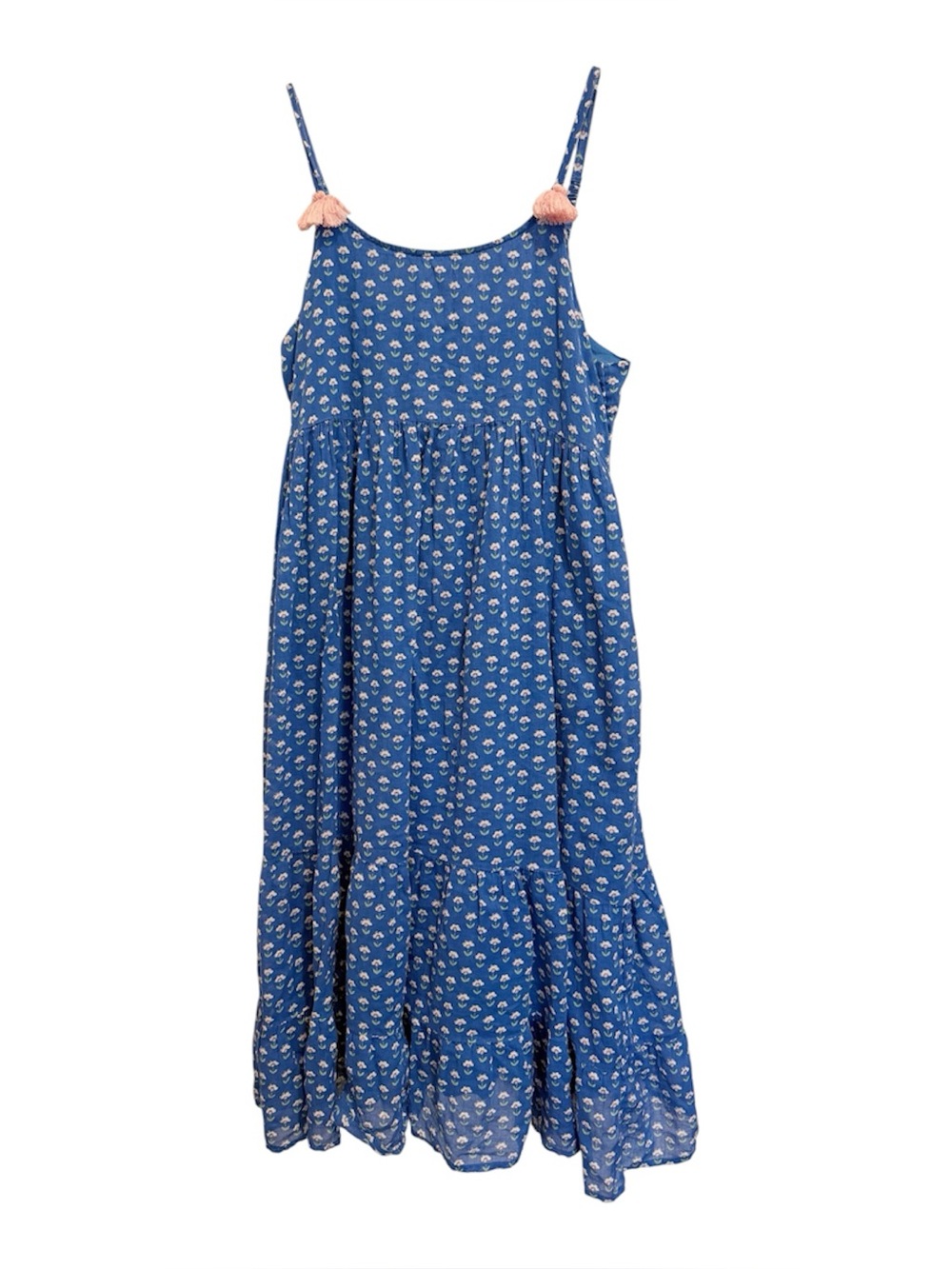 BODEN Blue Ditzy Floral Printed Midi Dress Pink Tassel Ruffle Hem Cottagecore